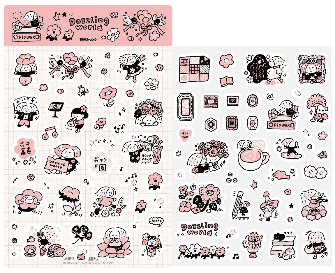 Flowers Sticker, Dazzling World Sticker, Monochrome Pink - RiN! Studio: Stickers